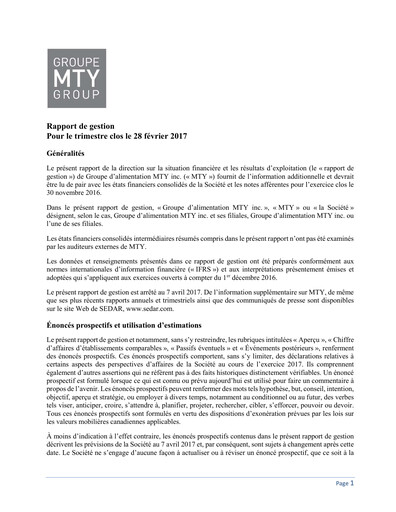 Thumbnail MTY Food Group Quarterly Report 2017-q1