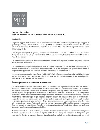 Thumbnail MTY Food Group Quarterly Report 2017-q2
