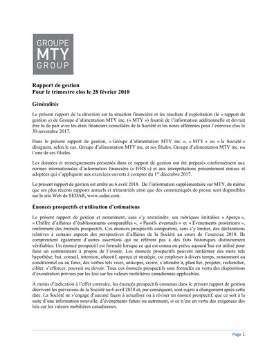 Thumbnail MTY Food Group Quarterly Report 2018-q1