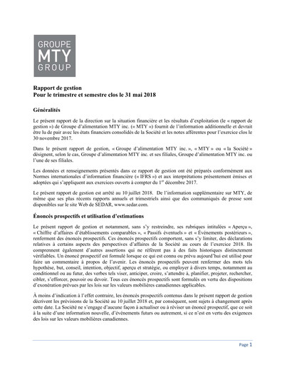 Vorschaubild MTY Food Group Quartalsbericht 2018-q2