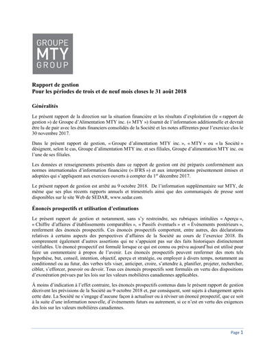 Thumbnail MTY Food Group Quarterly Report 2018-q3