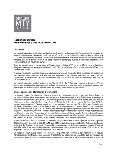 Thumbnail MTY Food Group Quarterly Report 2019-q1