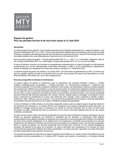 Thumbnail MTY Food Group Quarterly Report 2019-q3