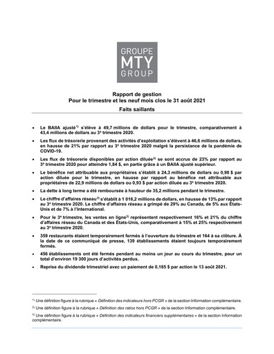 Vorschaubild MTY Food Group Quartalsbericht 2021-q3