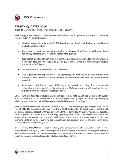 Vorschaubild MEG Energy Finanzmitteilung 2016