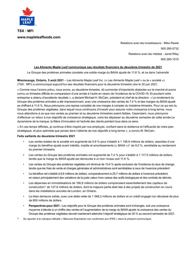 Thumbnail Maple Leaf Foods Quarterly Report 2021-q2