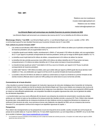 Thumbnail Maple Leaf Foods Quarterly Report 2026-q1