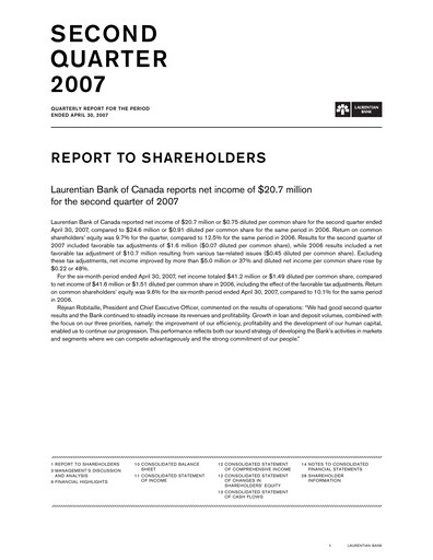 Miniature Laurentian Bank of Canada Rapport trimestriel 2007-q2
