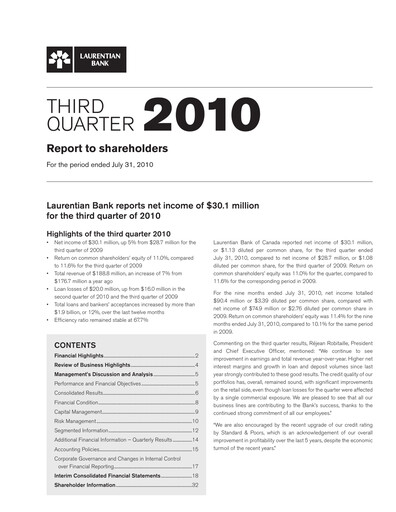 Miniature Laurentian Bank of Canada Rapport trimestriel 2010-q3