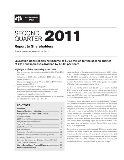 Miniature Laurentian Bank of Canada Rapport trimestriel 2011-q2