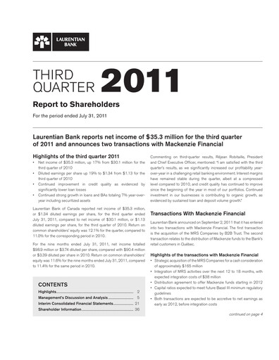 Miniature Laurentian Bank of Canada Rapport trimestriel 2011-q3