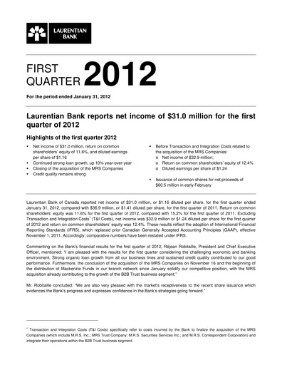 Miniature Laurentian Bank of Canada Rapport trimestriel 2012-q1