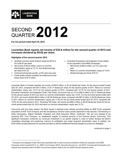 Miniature Laurentian Bank of Canada Rapport trimestriel 2012-q2