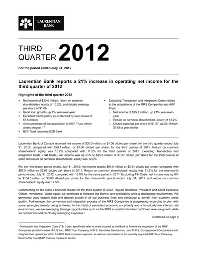 Miniature Laurentian Bank of Canada Rapport trimestriel 2012-q3