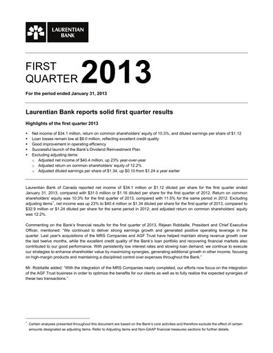 Miniature Laurentian Bank of Canada Rapport trimestriel 2013-q1