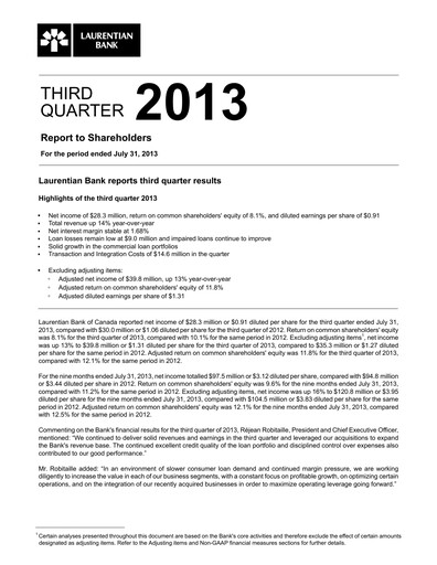Miniature Laurentian Bank of Canada Rapport trimestriel 2013-q3