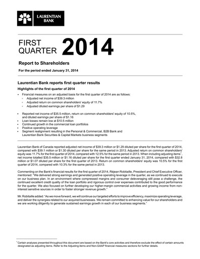 Miniature Laurentian Bank of Canada Rapport trimestriel 2014-q1