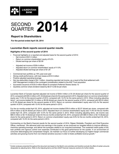 Miniature Laurentian Bank of Canada Rapport trimestriel 2014-q2