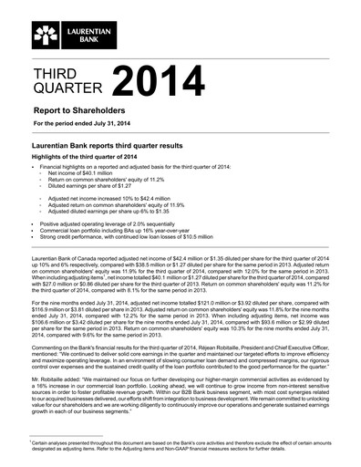 Miniature Laurentian Bank of Canada Rapport trimestriel 2014-q3