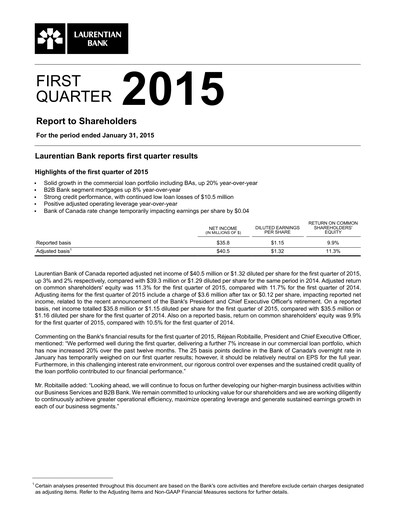 Miniature Laurentian Bank of Canada Rapport trimestriel 2015-q1