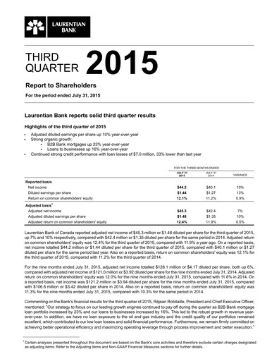 Miniature Laurentian Bank of Canada Rapport trimestriel 2015-q3
