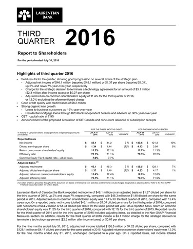 Miniature Laurentian Bank of Canada Rapport trimestriel 2016-q3