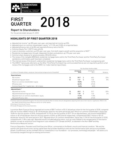 Miniature Laurentian Bank of Canada Rapport trimestriel 2018-q1