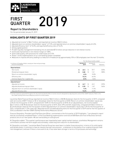 Miniature Laurentian Bank of Canada Rapport trimestriel 2019-q1