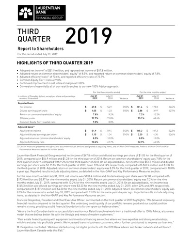 Miniature Laurentian Bank of Canada Rapport trimestriel 2019-q3