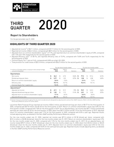 Miniature Laurentian Bank of Canada Rapport trimestriel 2020-q3