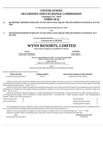 Miniature Wynn Resorts
 Rapport trimestriel 2020-q1