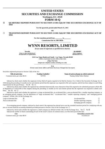 Miniature Wynn Resorts
 Rapport trimestriel 2021-q1