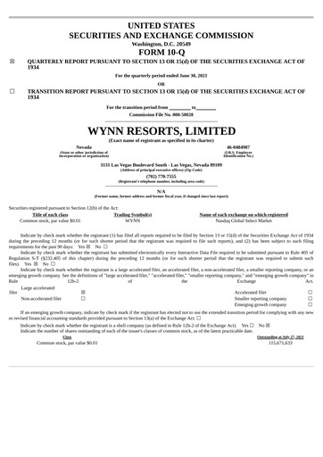 Miniature Wynn Resorts
 Rapport trimestriel 2021-q2