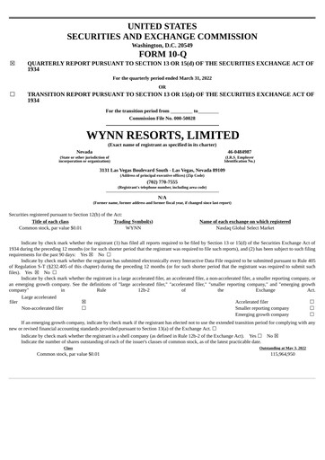 Miniature Wynn Resorts
 Rapport trimestriel 2022-q1