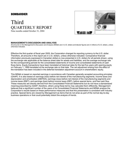 Thumbnail Bombardier Quarterly Report 2004-q3