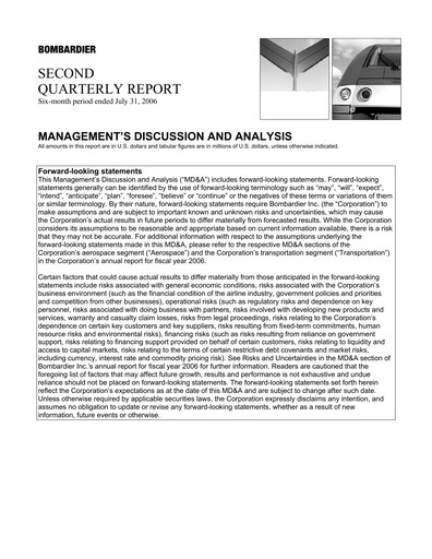 Thumbnail Bombardier Quarterly Report 2006-q2