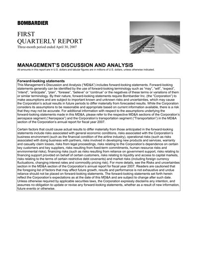 Thumbnail Bombardier Quarterly Report 2007-q1