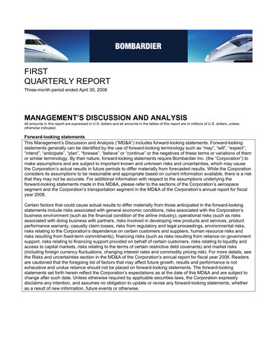 Thumbnail Bombardier Quarterly Report 2008-q1