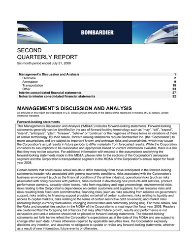 Thumbnail Bombardier Quarterly Report 2008-q2
