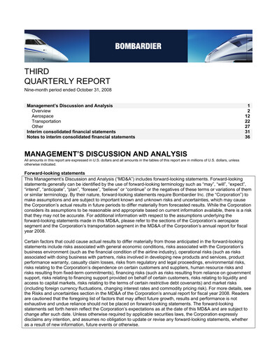 Thumbnail Bombardier Quarterly Report 2008-q3