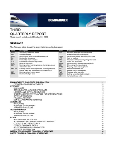 Thumbnail Bombardier Quarterly Report 2010-q3