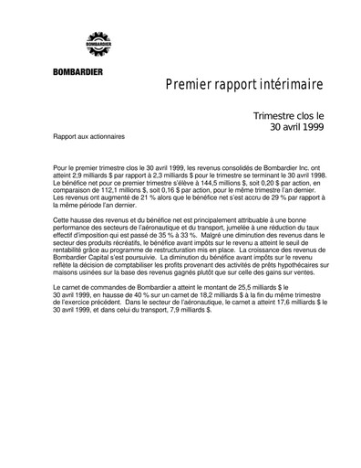Thumbnail Bombardier Quarterly Report 1999-q1