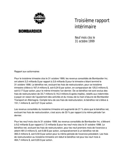 Thumbnail Bombardier Quarterly Report 1999-q3