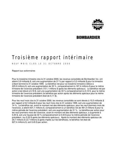 Thumbnail Bombardier Quarterly Report 2000-q3