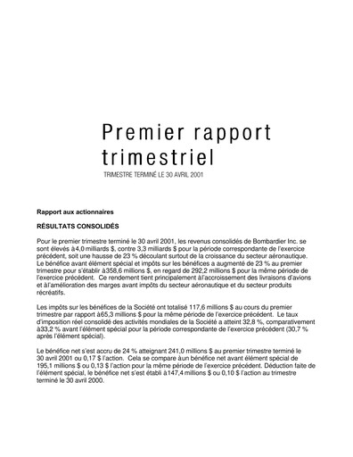 Thumbnail Bombardier Quarterly Report 2001-q1