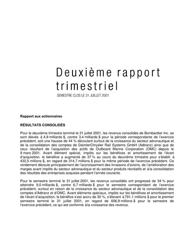 Thumbnail Bombardier Quarterly Report 2001-q2