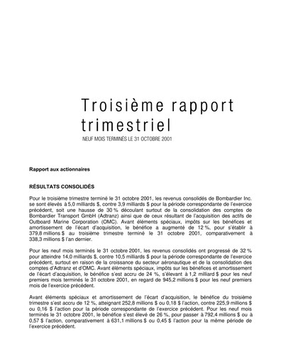 Thumbnail Bombardier Quarterly Report 2001-q3