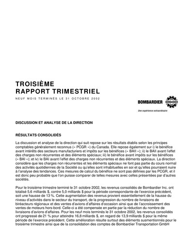 Thumbnail Bombardier Quarterly Report 2002-q3