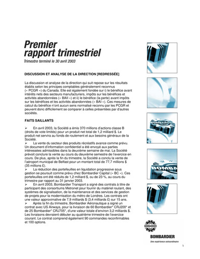 Thumbnail Bombardier Quarterly Report 2003-q1