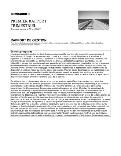 Thumbnail Bombardier Quarterly Report 2007-q1